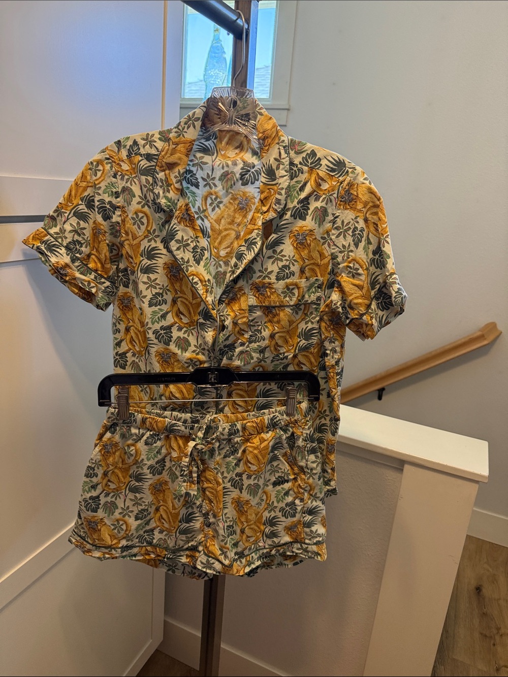 EUC Printfresh Yellow Botanical & Monkey Short Sleeve Pajama Set